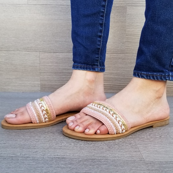 Pink Fabric Jeweled  Accents Sandal Sliders-C - Picture 2 of 7